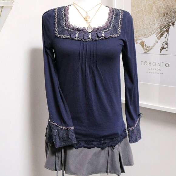 Navy Blue Lacy Babydoll Long Sleeve Tee 🌌 AXES FEMME - Picture 1 of 10